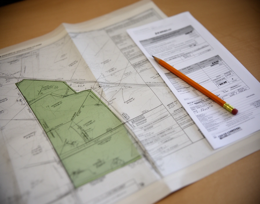 Plano de mensura de una parcela rural doblado junto a una boleta de impuesto y un lápiz