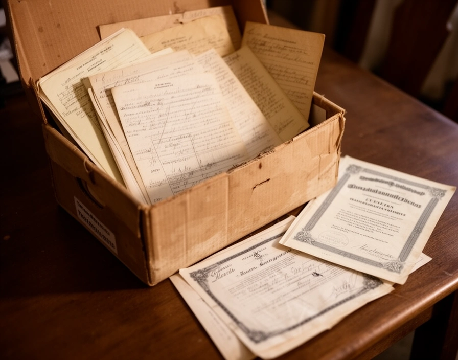 Caja de zapatos vieja llena de escrituras y partidas amarillentas, abierta sobre una mesa