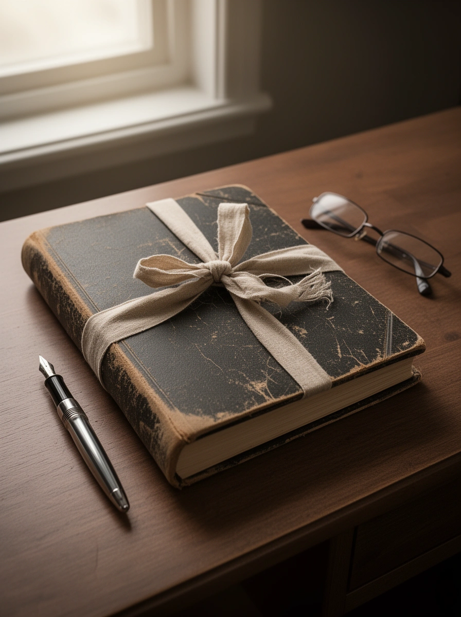Carpeta de expediente atada con cinta sobre un escritorio, junto a una lapicera