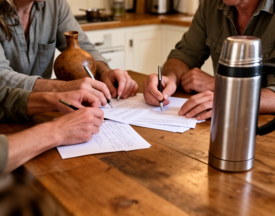 Tres personas firmando papeles alrededor de una mesa de cocina con un mate y un termo