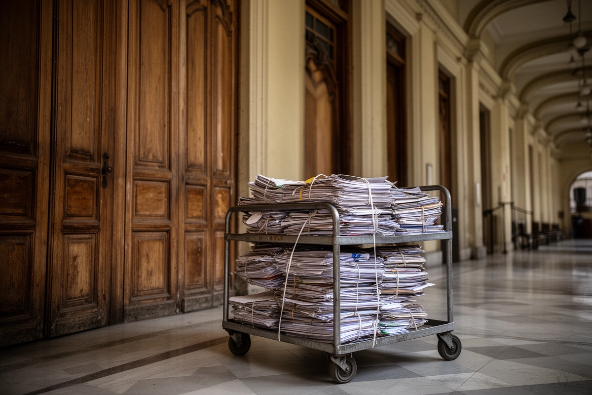 Pasillo de un edificio judicial antiguo con puertas altas de madera y un carro con expedientes atados